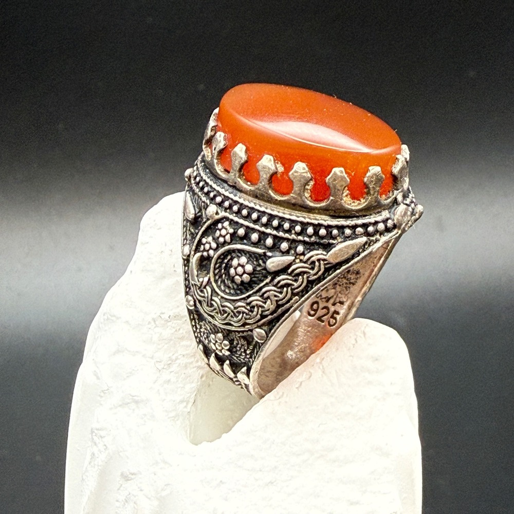Beautiful Sterling 925 Carnelian Turkish Ottoman Persian Style Ring Sz 9.5 10.5g